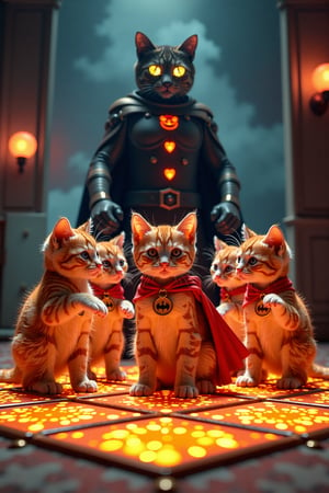 A whimsical scene set in a glass room, featuring a Halloween monster Phantom made of holograms, surrounded by five cute orange kittens dressed in shiny fantasy hero clothes. The playful magic square floor is a bright and shiny square of gold and red, enhancing the dramatic atmosphere. The kittens are framed in a dynamic pose, standing bravely to face the Phantom, adding a touch of heroism to the scene. The glass room and hologram Phantom create a futuristic and enchanting setting, while the kittens' costumes and brave stance add depth and visual interest. The combination of the magic square floor and the kittens' heroic poses creates a harmonious and visually stunning composition.