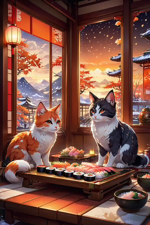 (artwork), (masterpiece), (detailed eyes), (shading), (extremely detailed CG 8k unity wallpaper), (wit studio indirect lighting), (amazing drawn illustration), (best illustrative performance), Winter style,many cute kittens (orange and white),snowflake, cozy atmosphere,pixiv, fun, depth of field, illumination background, reflections, holograms,sky, inside sparking, extremely realistic, and comprehensive,eating sushi. lot of delicious sashimi,(delicious sushi),sticky feeling light in the movie, background reflection Realistic style, chinese style,photo r3al,Land Of Boo