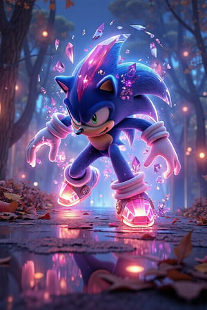 ((masterpiece, best quality)),(complex light),trending, high quality, realistic, intricate detailed, graceful and beautiful textures, 16K, aurora lights,  game art style, Sonic the Hedgehog,outdoor, beautiful expression, best performance, reflection on fall road,aurora light,crawling over a luminous, aurora crystal ,Sonic the Hedgehog with crystal body,full body shot, Ultra High Definition,HD,3D 8k,