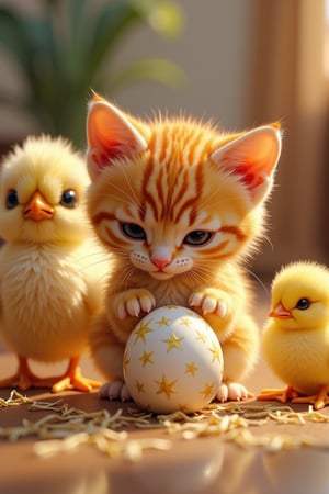 ((masterpiece, best quality)),(complex light),trending, high quality, realistic, intricate detailed, graceful and beautiful textures, 16K, (MEME),aurora lights, Realistic style, a cute orange kitten makes a funny face and plays with an egg, annoying a yellow chick. Behind him is a chicken. There is straw on the floor and another kitten in a gift box.,real skin,luxurious and bright, in ghibli real,blight cozy, cool, depth of field,daytime,