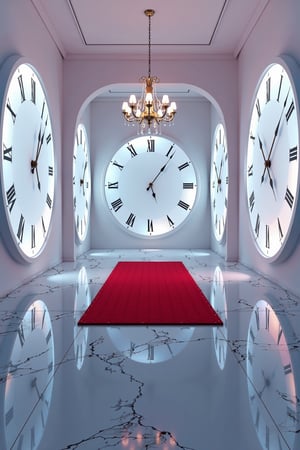 A futuristic room with white glowing clock panels lining the walls, casting a cool, ethereal light. A vibrant red carpet is laid in the center, contrasting sharply with the crystal marble floor, which reflects the light in a dazzling array of colors, reminiscent of CGI effects. The modest chandelier hangs from the ceiling, its soft glow adding to the ambient light, creating a harmonious blend of modern and classical elements. The scene is framed to capture the entire room, with the chandelier and clock panels in focus, and the reflections on the floor adding depth and visual interest.