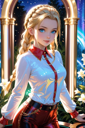 ((masterpiece, best quality)),(complex light),trending, high quality, realistic, intricate detailed, graceful and beautiful textures, 16K, aurora lights,casino,play to casino game, lolita style, cute girl with blond braids, light blue eyes, golden white long sleeves,red long pants, punk, beautiful expression, best performance, reflection ,bright,garden,(shading), (highly detailed CG 8k unity wallpaper), (studio indirect use lighting), (amazing drawing) (Illustration), (Artwork), (Magical light), (Shading), (Very detailed), (CG 8k Unity wallpaper), (Nice newly drawn illustration), (Best illustration performance) , iridescent glow, sparkling mosaic tile elements, pieces of beauty and complexity,