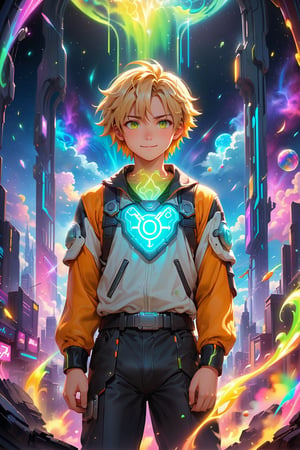 ((masterpiece, best quality)),(complex light),trending, high quality, realistic, intricate detailed, graceful and beautiful textures, 16K, aurora lights, cool world,anime, happy style,FUTURISTIC, future, cyber bank clothes, blonde handsome boy, yellow-green eyes, have a eretonic colored glowing knife, cryber style,background is colorful glass objects, it is a wonderful and lovely work,luxurious and bright, in ghibli real,blight cozy, cool, depth of field,daytime,cowboy shot,photo r3al,BREAK