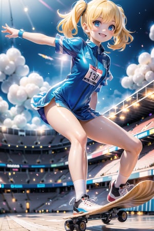 (masterpiece:1.9),(high detailed:1.9),4k,8k,wallpaper,"PARIS 2024" text poster,cool,(smirk),Olympics, SKATEBOARDING, SKATEBOARDING player,high jump,handsome girl, blue eyes, slanted eyes, player's uniform, stadium, outdoor,sunny,sky, dynamic angle,sky shot,bright ,smile, real, blonde twin tails, beautiful, blue starry eyes, short piky hair, powerful appearance, magical surrealism,dream,beautiful,cosy,blight,clear ribbon,glass elements, (detailed eyes), (shading), (highly detailed CG 8k unity wallpaper), (studio indirect use lighting), (amazing drawing) (Illustration), (Artwork), (Very detailed), (Nice newly drawn illustration), (Best illustration performance), toon style , iridescent glow, glass, super Realistic ultra-detailed elements, sparkling elements, pieces of beauty and complexity,aurora style,Add more details,