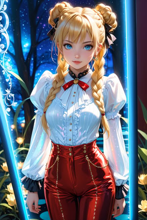 ((masterpiece, best quality)),(complex light),trending, high quality, realistic, intricate detailed, graceful and beautiful textures, 16K, aurora lights,casino, lolita style, cute girl with blond braids, light blue eyes, golden white long sleeves,red long pants, punk, beautiful expression, best performance, reflection ,bright,garden,(shading), (highly detailed CG 8k unity wallpaper), (studio indirect use lighting), (amazing drawing) (Illustration), (Artwork), (Magical light), (Shading), (Very detailed), (CG 8k Unity wallpaper), (Nice newly drawn illustration), (Best illustration performance) , iridescent glow, sparkling mosaic tile elements, pieces of beauty and complexity,