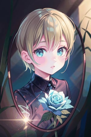 (Masterpiece),handsome boy with short blonde hair, blue eye,gothic style,ultra detailed face,hologram,outdoor,magic,blue rose,cool,reflection,Add more details,beautiful world