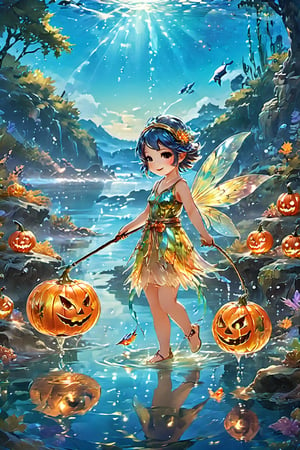 cute The fairies fishing on the beach,flying big fish, Fairy Feathers,HALLOWEEN, the reflection on the water is beautiful, and the bucket to hold the fish is a jack-o-lantern,(realistic Reflection),hologram,(Masterpiece, highest quality), (detailed eyes), (shading), (highly detailed CG 8k unity wallpaper), (studio indirect use lighting), (amazing drawing) (Illustration), (Artwork), (Magical light), (Shading), (Very detailed), (CG 8k Unity wallpaper), (Nice newly drawn illustration), (Best illustration performance), super detailed realistic, iridescent glow, super Realistic ultra-detailed, sparkling mosaic tile elements, pieces of beauty and complexity,3d figure,Clear Glass Skin,Glass,Land Of Boo