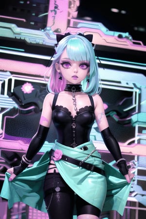 (intimate photo), lolita,lighting. princess artwork, exudes fashion sense and tenacity.  dream eyes gleaming like LED lights in a darkened alleyway. Amidst this dystopian landscape,  1Girl, VTuber with a Gothic Emo style fused with pastel punk fashion, She wears dark, edgy clothing with Gothic elements like lace, corsets, and chains, but in pastel colors like pink, mint green, and lavender. Her hair is a vibrant mix of pastel hues, styled with asymmetrical bangs, adorned with small skulls or bows. Accessories include studded bracelets, chokers, and combat boots, all in pastel shades. Her makeup features dark eyeliner and eyeshadow, contrasted with pastel lipstick