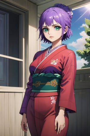 Purple hairs,green eyes,In red kimono, Sunlight , standing in car gradge room,High detailed 