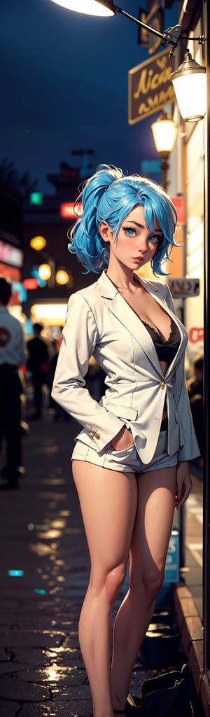 A Sexy Women(Multiply colors hair's,ponny tail,Blue Eyes,In white Blazer), Standing(calm,Sweet face),In Bar(Detailed Background),Night(Lighting in background), cinematic Sequence, wide,Vibrant Color palette,Contrasted with vintage tone,Cinestill,50d,Kodak porta 800,flim grain,--v5.2 style raw.