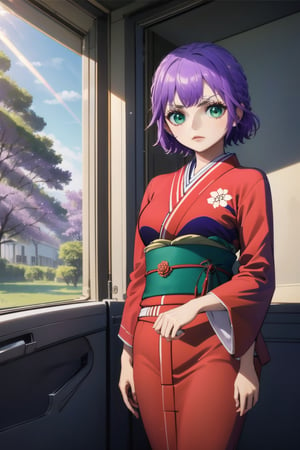 Purple hairs,green eyes,In red kimono, Sunlight , standing in car gradge room,High detailed 