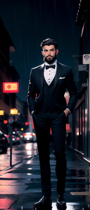 masterpiece, full body portrait, standing, (looking at viewer:1.2), man, beard, medium hairstyle, masculine, black tuxedo suit, | outdoors, city, (night time), night, (raining), cinematic, | depth of field, bokeh, ,3DMM,High detailed 
