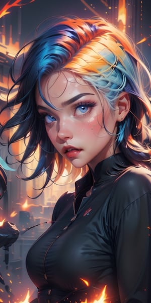 A women, seeing us,clear face,beauty,awesome,cool art,painting,high colors ,colours magic,blue shirt,cute_fang.,High detailed 