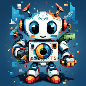 a mascot image for the Tensor Art website that represents an artist from AI-generated images. The mascot should be a combination of artistic and technological elements, with a friendly robot dressed as a painter. Make sure the letters 'T' and 'A' are clearly visible on the mascot's chest. The predominant colors should be shades of blue and white, creating a futuristic and creative look.", 3d style,pixel style