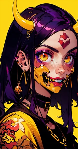 (masterpiece),,(best quality), 


1girl, solo, looking at viewer, short hair, black purple hair:1.5, hair jewlery:1.0, horns, choker, bright yellow eyes:1.0, makeup, facial mark, x hair ornament, portrait, short hair with long locks, yellow background ,Female, chain earrings:0.5, face tattoos:1.0, tan color skin,oni face shield:1.0