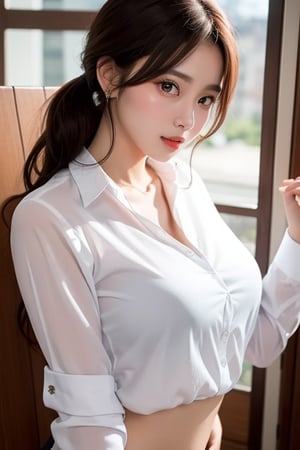 portrait of a beautiful girl, with open hair, charming, open white shirt, exposing, curves kissing to the shirt