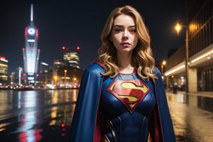 Wide shot of Beautiful woman with wavy blonde long hair, blue eyes, Thigh notch, Sexy long legs, red cape, Superman letter S, Cute futuristic cyberpunk + City, night, Damp, Best quality masterpiece, Realistic, Detailed, 8K, hdr, Shallow depth of field, Wide light, High contrast, Backlight, flood, Flash, color difference, Sharp focus, RAW color photo, superman S symbol on the chest, avengers movie,Epicrealism