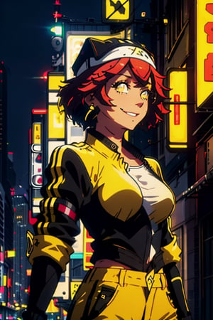 Best quality, masterpiece, 1girl, short blunt bob hair, yellow eyes, yellow pants,yellow shirt,Extreme long shot, upper body, ear piercings, black bomber jacket, profile picture, smiling,city night background,neon sign,outfit-km,High detailed ,high_res,lupusregina beta