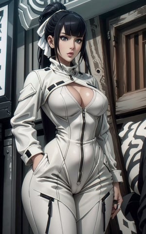 beautiful 1women,wearing a white leopard suit and a jacket on top,sexy,seducing,masterpiece, best quality, narberal gamma, black hair, large hips, large breasts, hime cut, ponytail, b1mb0,more detail 