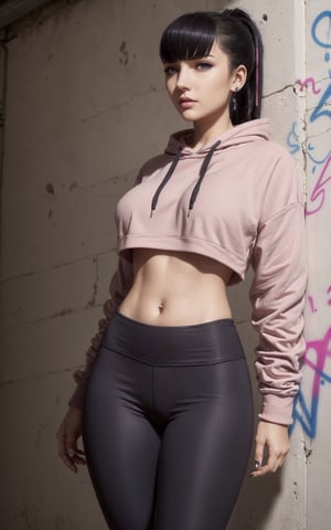 1girl, narberal gamma, grey eyes, neutral_expression, black hair, ponytail, pink cropped hoodie underboob cut, blue leggings, skinny waist:1.3, huge breasts, huge hip, navel, underboob cut hoodie(detailed face:1.2), (detailed eyes:1.2), (detailed background), graffiti wall,realhands,more detail 