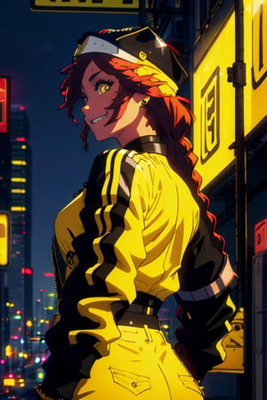 Best quality, masterpiece, 1girl, medium braids hair, yellow eyes, yellow pants,yellow shirt,Extreme long shot, upper body, ear piercings, black bomber jacket, profile picture, smiling,city night background,neon sign,outfit-km,High detailed ,high_res,lupusregina beta