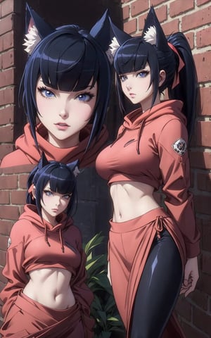 1girl, narberal gamma, (fox ears), (fox tail), grey eyes, neutral_expression, black hair, ponytail, pink cropped hoodie underboob cut, blue leggings, skinny waist:1.3, huge breasts, huge hip, navel, underboob cut hoodie(detailed face:1.2), (detailed eyes:1.2), ,(detailed background), brick wall,realhands,more detail ,yaohu