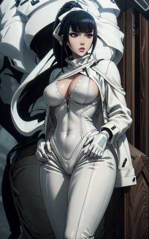beautiful 1women,wearing a white leopard suit and a jacket on top,sexy,seducing,masterpiece, best quality, narberal gamma, black hair, large hips, large breasts, hime cut, ponytail, b1mb0,more detail 