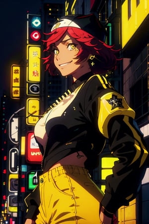 Best quality, masterpiece, 1girl, short blunt bob hair, yellow eyes, yellow pants,yellow shirt,Extreme long shot, upper body, ear piercings, black bomber jacket, profile picture, smiling,city night background,neon sign,outfit-km,High detailed ,high_res,lupusregina beta