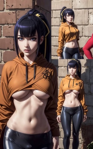 1girl, narberal gamma, grey eyes, neutral_expression, black hair, ponytail, pink cropped hoodie underboob cut, blue leggings, skinny waist:1.3, huge breasts, huge hip, navel, underboob cut hoodie(detailed face:1.2), (detailed eyes:1.2), fox ears, fox tail,(detailed background), brick wall,realhands,more detail 