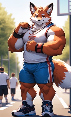 short focal length view, 1 kemono,fox,((mature male)),  colorful furred,  solo,  4K,  masterpiece,  ultra-fine details,  big ear,  bushy eyebrow,serious eye, thick thighs, basketball shorts, full body, iron tribal necklace, shiny smile, tall, strongmen,
sleeveless shirt, wristband, lens_flare,sunny,
sneakers, ((long socks)),
turn slightly sideways,nj5furry