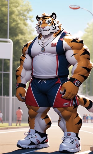 short focal length view, 1 kemono,tiger,((mature male)),  colorful furred,  solo,  4K,  masterpiece,  ultra-fine details,  big ear,  bushy eyebrow,serious eye, thick thighs, basketball shorts, full body, iron tribal necklace, shiny smile, tall, strongmen,
sleeveless shirt, wristband, lens_flare,sunny,
sneakers, ((long socks)),
turn slightly sideways,nj5furry