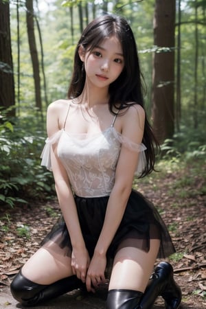 (((deep in the woods))),((looks at viewer)),(focus on the face),(((full body into shot))),
人物：a korean girl,Pure and lovely korean girl,(((Top KPOP idol's peerless beauty))),(((Top KPOP idol's attitude and temperament))),
優化：(((Realistic and delicate high-resolution structure: 1.4, Realistic and delicate high-quality structure: 1.4))),(Well-proportioned and perfect body proportion structure),(((image structure of real human texture))),
頭髮：(bangs),(((straight hair, long hair))),((very long beautiful long hair)),
服飾：(Tulle spun spaghetti strap dress),(((TulleMaterialStruct:1.5))),(((Super sheer tulle dress construction:1.2))),(((Black Thin Strap Tulle Skirt:1.3))),(black boots),(Delicate and elegant tulle dress material),(((leather jacket over tulle dress))),(The color structure of the girl's whole body clothing is mainly black),((the black tulle spaghetti strap dress has beautiful patterns on it)),(((Leather jacket halfway revealing beautiful shoulders))),
動作：(((Very handsome kneeling posture))),((((feet spread towards viewer))),