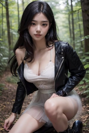 (((deep in the woods))),((looks at viewer)),(focus on the face),(((upper body enters the shot))),
人物：a korean girl,Pure and lovely korean girl,(((Top KPOP idol's peerless beauty))),(((Top KPOP idol's attitude and temperament))),(low cut, big breasts),
優化：(((Realistic and delicate high-resolution structure: 1.4, Realistic and delicate high-quality structure: 1.4))),(Well-proportioned and perfect body proportion structure),(((image structure of real human texture))),
頭髮：(bangs),(((straight hair, long hair))),((very long beautiful long hair)),
服飾：(Tulle spun spaghetti strap dress),(((TulleMaterialStruct:1.5))),(((Super sheer tulle dress construction:1.2))),(((Black Thin Strap Tulle Skirt:1.3))),(black boots),(Delicate and elegant tulle dress material),(((leather jacket over tulle dress))),(The color structure of the girl's whole body clothing is mainly black),((the black tulle spaghetti strap dress has beautiful patterns on it)),(((Leather jacket halfway revealing beautiful shoulders))),
動作：(((Very handsome kneeling posture))),((((feet spread towards viewer))),