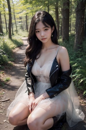 (((deep in the woods))),((looks at viewer)),(focus on the face),(((upper body enters the shot))),
人物：a korean girl,Pure and lovely korean girl,(((Top KPOP idol's peerless beauty))),(((Top KPOP idol's attitude and temperament))),
優化：(((Realistic and delicate high-resolution structure: 1.4, Realistic and delicate high-quality structure: 1.4))),(Well-proportioned and perfect body proportion structure),(((image structure of real human texture))),
頭髮：(bangs),(((straight hair, long hair))),((very long beautiful long hair)),
服飾：(Tulle spun spaghetti strap dress),(((TulleMaterialStruct:1.5))),(((Super sheer tulle dress construction:1.2))),(((Black Thin Strap Tulle Skirt:1.3))),(black boots),(Delicate and elegant tulle dress material),(((leather jacket over tulle dress))),(The color structure of the girl's whole body clothing is mainly black),((the black tulle spaghetti strap dress has beautiful patterns on it)),(((Leather jacket halfway revealing beautiful shoulders))),
動作：(((Very handsome kneeling posture))),((((feet spread towards viewer))),