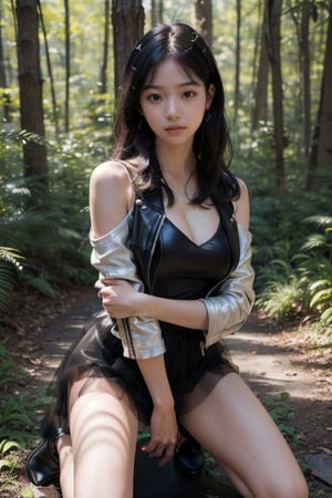 (((deep in the woods))),((looks at viewer)),(focus on the face),(((upper body enters the shot))),
人物：a korean girl,Pure and lovely korean girl,(((Top KPOP idol's peerless beauty))),(((Top KPOP idol's attitude and temperament))),(low cut, big breasts),
優化：(((Realistic and delicate high-resolution structure: 1.4, Realistic and delicate high-quality structure: 1.4))),(Well-proportioned and perfect body proportion structure),(((image structure of real human texture))),
頭髮：(bangs),(((straight hair, long hair))),((very long beautiful long hair)),
服飾：(Tulle spun spaghetti strap dress),(((TulleMaterialStruct:1.5))),(((Super sheer tulle dress construction:1.2))),(((Black Thin Strap Tulle Skirt:1.3))),(black boots),(Delicate and elegant tulle dress material),(((leather jacket over tulle dress))),(The color structure of the girl's whole body clothing is mainly black),((the black tulle spaghetti strap dress has beautiful patterns on it)),(((Leather jacket halfway revealing beautiful shoulders))),
動作：(((Very handsome kneeling posture))),((((feet spread towards viewer))),