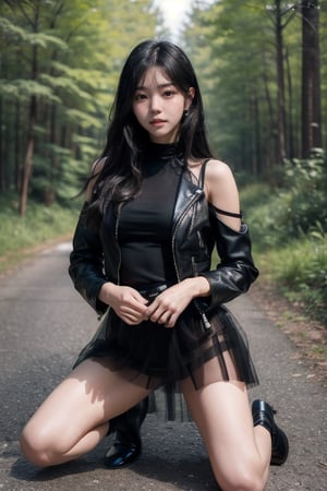 (((deep in the woods))),((looks at viewer)),(focus on the face),(((full body into shot))),
人物：a korean girl,Pure and lovely korean girl,(((Top KPOP idol's peerless beauty))),(((Top KPOP idol's attitude and temperament))),
優化：(((Realistic and delicate high-resolution structure: 1.4, Realistic and delicate high-quality structure: 1.4))),(Well-proportioned and perfect body proportion structure),(((image structure of real human texture))),
頭髮：(bangs),(((straight hair, long hair))),((very long beautiful long hair)),
服飾：(Tulle spun spaghetti strap dress),(((TulleMaterialStruct:1.5))),(((Super sheer tulle dress construction:1.2))),(((Black Thin Strap Tulle Skirt:1.3))),(black boots),(Delicate and elegant tulle dress material),(((leather jacket over tulle dress))),(The color structure of the girl's whole body clothing is mainly black),((the black tulle spaghetti strap dress has beautiful patterns on it)),(((Leather jacket halfway revealing beautiful shoulders))),
動作：(((Very handsome kneeling posture))),((((feet spread towards viewer))),