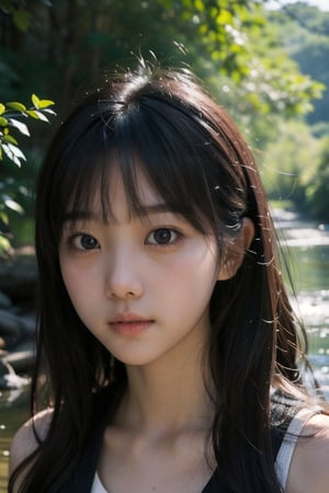 (((wild stream side))),(((look at the audience))),(((Only the face is in the shot))),close-up,
人：(((a korean girl))),(low cut),
優：(((16K texture structure))), 
髮：(bangs),((long hair))(((wild stream side))), (((looking at the audience))), (((Only the face is in the shot, focus on face))), 
人：(((a korean girl))), (low cut), 
優：(((16K texture structure))), Beautiful oval face profile, 
髮：(bangs), ((long hair)), (curls), 
服：spaghetti strap sleeveless vest, ,(curls),
服：spaghetti strap sleeveless vest,