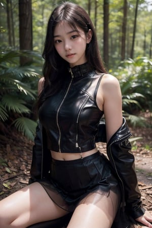 (((deep in the woods))),((looks at viewer)),(focus on the face),(((upper body enters the shot))),
人物：a korean girl,Pure and lovely korean girl,(((Top KPOP idol's peerless beauty))),(((Top KPOP idol's attitude and temperament))),(low cut, big breasts),
優化：(((Realistic and delicate high-resolution structure: 1.4, Realistic and delicate high-quality structure: 1.4))),(Well-proportioned and perfect body proportion structure),(((image structure of real human texture))),
頭髮：(bangs),(((straight hair, long hair))),((very long beautiful long hair)),
服飾：(Tulle spun spaghetti strap dress),(((TulleMaterialStruct:1.5))),(((Super sheer tulle dress construction:1.2))),(((Black Thin Strap Tulle Skirt:1.3))),(black boots),(Delicate and elegant tulle dress material),(((leather jacket over tulle dress))),(The color structure of the girl's whole body clothing is mainly black),((the black tulle spaghetti strap dress has beautiful patterns on it)),(((Leather jacket halfway revealing beautiful shoulders))),
動作：(((Very handsome kneeling posture))),((((feet spread towards viewer))),