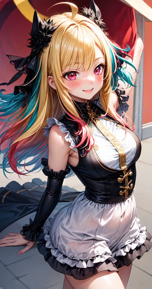 masterpiece, best quality, ultra detailed, extremely detailed, wallpaper, 1girl, solo, long hair, blush, hair ornament, pink hair, ahoge, blue hair, yellow hair, white hair, black hair, red hair, green hair, multicolored hair, arm open, smile, happy, cute, pattern clothing,