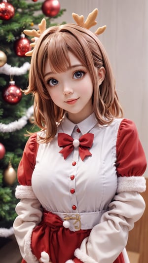 Anime style portrait of cute, celebrating Christmas, standing in front of a Christmas tree, christmas ornaments, gifts,masterpiece, best quality ,Anime ,YeMkAF