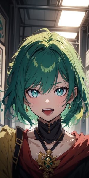 1girl, ((green hair, green eyes)), open mouth, smile, looking at viewer, upper_body, fantasy, aesthetic, (masterpiece, best quality, highres), trending on pixiv, solo, ((anime_screencap)), perfect anime anatomy, ,ARYSTYLE3,midjourney,1 girl