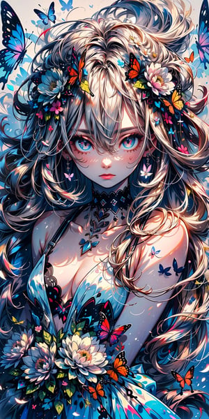 (masterpiece, best quality, highres:1.3), (silver eyes, white hair, very long hair, wavy hair, medium breasts, hair between eyes, 1girl), looking at viewer,bare shoulders, closed mouth, collarbone, upper body, petals, butterfly, lying, view_from_above, aerial_view, ethereal, white flowers, white theme, pale skin.