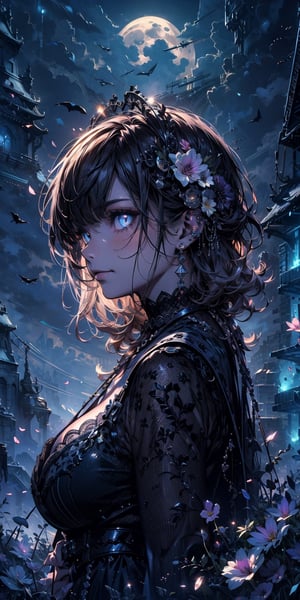 Masterpiece, best quality, 1girl, solo, (colorful), (finely detailed beautiful eyes and detailed face), vcinematic lighting, bust shot, extremely detailed CG, unity 8k wallpaper, long hair, white hair, (bangs), big breasts, smile, transparent white lace dress, cleavage, ((flying petal)), (flowery meadow), sky, cloudy sky, building, moonlight, moon, night, (dark theme:1.3), light, fantasy, more detail XL