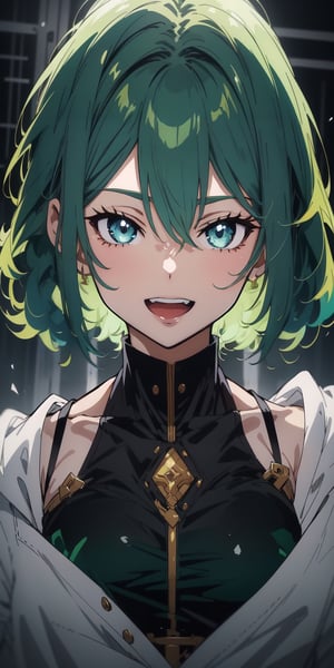 1girl, ((green hair, green eyes)), open mouth, smile, looking at viewer, upper_body, fantasy, aesthetic, (masterpiece, best quality, highres), trending on pixiv, solo, ((anime_screencap)), perfect anime anatomy, ,ARYSTYLE3,midjourney,1 girl