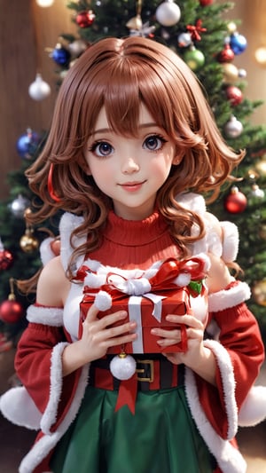 Anime style portrait of cute, celebrating Christmas, standing in front of a Christmas tree, christmas ornaments, gifts,masterpiece, best quality ,Anime ,YeMkAF