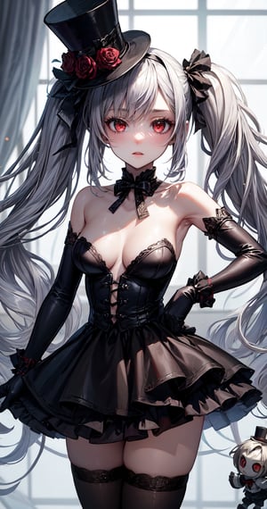 masterpiece,best quality,highres,cinematic lighting,dramatic angle,,1girl,1boy,1other,Lloyd,marinoette,silver hair,red eyes,black dress;(top hat:1.2),blue rose;mask,detached sleeves;claws,black thighhighs;jacket,frills,elbow gloves,puppet strings,depth of field,doll,twintails,1girl with silver hair and twintails along with her marionette called Lloyd,cowboy shot,chain,monster,looking at viewer