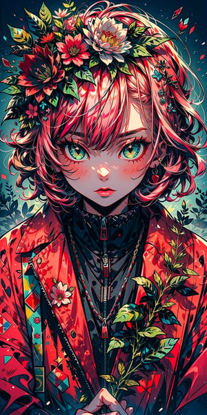 looking at viewer, pink hair, shirt, 1girl, dark green eyes, red jacket, upper body,close mouth, flower, female focus, solo focus,sit on chair,pink lily \(flower\), hand pov, kabedon