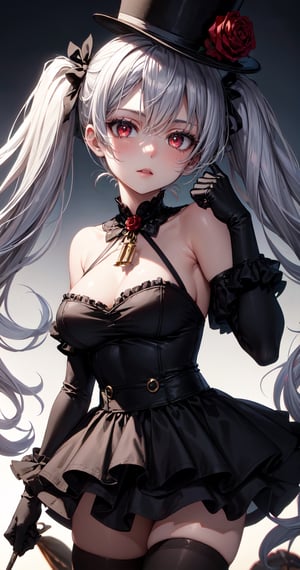masterpiece,best quality,highres,cinematic lighting,dramatic angle,,1girl,1boy,1other,Lloyd,marinoette,silver hair,red eyes,black dress;(top hat:1.2),blue rose;mask,detached sleeves;claws,black thighhighs;jacket,frills,elbow gloves,puppet strings,depth of field,doll,twintails,1girl with silver hair and twintails along with her marionette called Lloyd,cowboy shot,chain,monster,looking at viewer