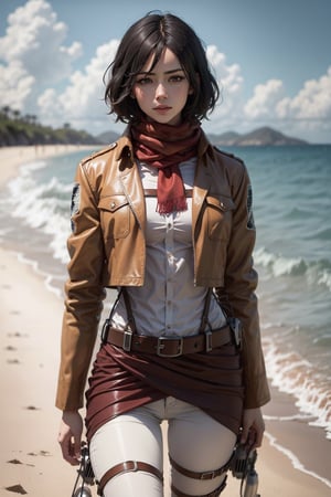   masterpiece, best quality, highres, hmmikasa, short hair, black eyes, scarf, emblem, belt, thigh strap, red scarf, white pants, brown jacket, long sleeves, cowboy shot, standing, on the beach, tall girl, 4k, (photorealistic:1.5), beautiful lighting, (ulzzang-6500:0.5)
,hmmikasa