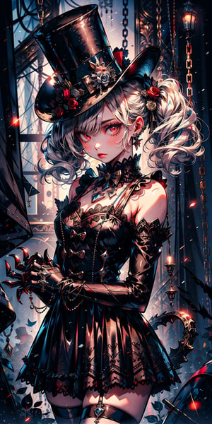 masterpiece,best quality,highres,cinematic lighting,dramatic angle,,1girl,1boy,1other,Lloyd,marinoette,silver hair,red eyes,black dress;(top hat:1.2),blue rose;mask,detached sleeves;claws,black thighhighs;jacket,frills,elbow gloves,puppet strings,depth of field,doll,twintails,1girl with silver hair and twintails along with her marionette called Lloyd,cowboy shot,chain,monster,looking at viewer